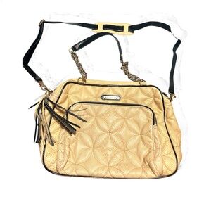 Vintage! Eric Javits quilted leather shoulder bag in tan with black patent trim